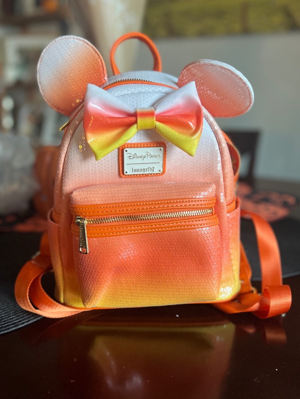 Disney Parks Halloween Fall Loungefly Candy Corn Minnie Mouse Backpack bag.